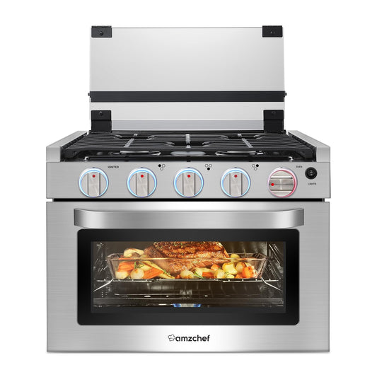 AMZCHEF 17 Inch Gas Range Stove 12V, Ideal for RV Use with 3 Burners, 1.24 Cu.Ft. Capacity Gas Oven, 28,100BTU, Open Flame Configuration, Knob work indicator, Heavy Duty Cast Iron Grates,