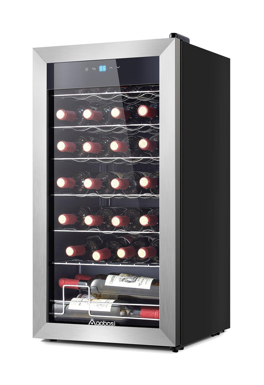 AAOBOSI 17 Inch Compressor Wine Cooler, 28 Bottle Wine Refrigerator with Stainless Steel Tempered Glass Door for Red, White or Champagne, Memory Function, Wine Fridge Freestanding and Built-in